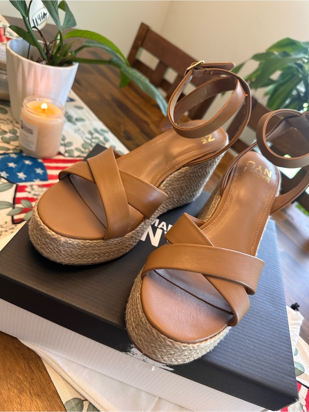 Women’s Tan Wedge Sandals with Ankle Strap